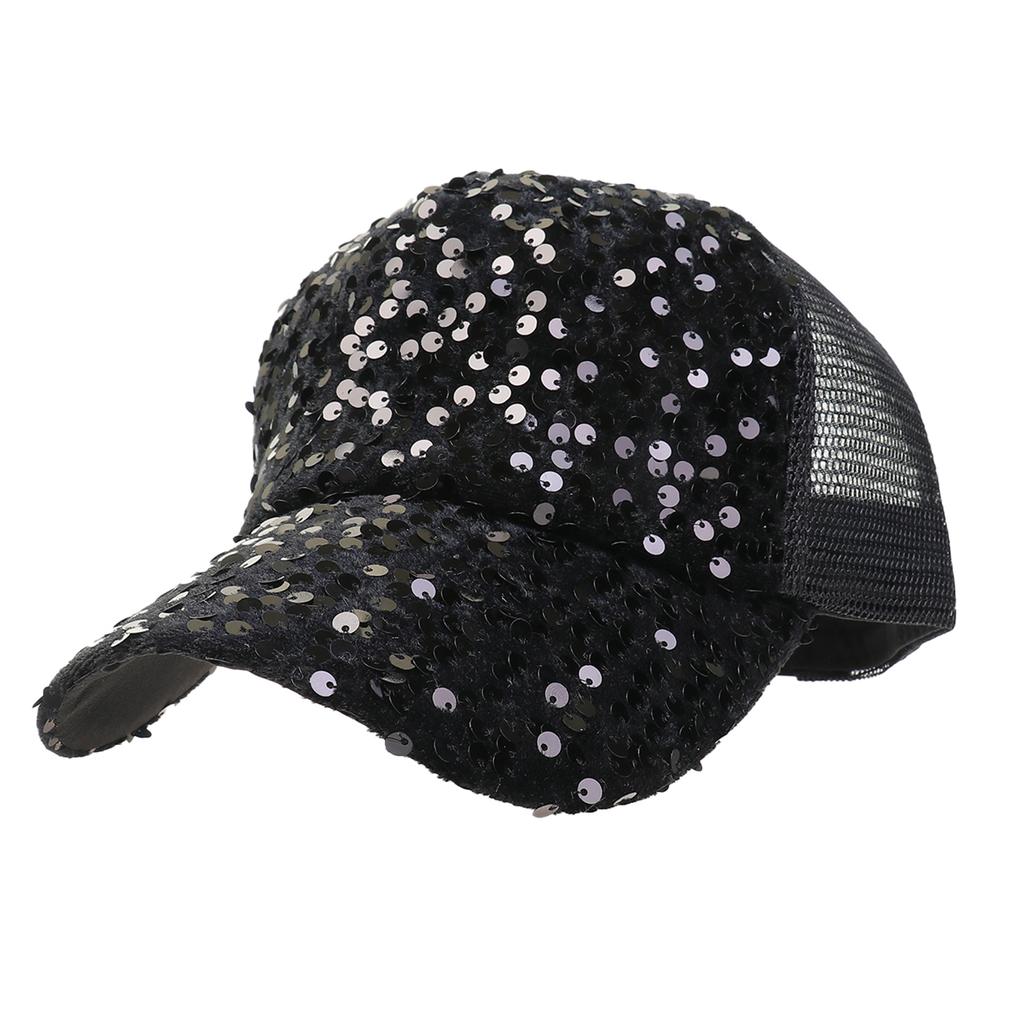 Fashion Ladies Full Sequin Decor Trucker Cap, Shiny Mesh Back Peaked Hat, Adjustable Sun Protection Baseball Hat for Outdoor Vacation