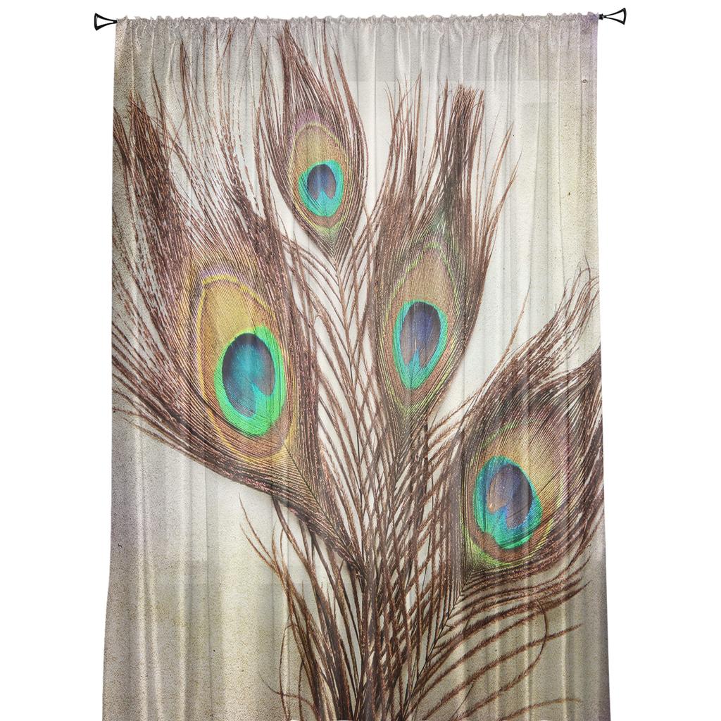 Plumas de Pavo Real Cortina Vintage Ventana Tul Para Sala de Estar Dormitorio La Cocina Tratamiento de Ventana Decoraciones Cortinas