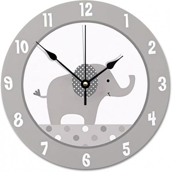 ArogGeld Gray and White Elephant Wall Clock Nursery Wood Clock 10 Inch Silent Non-Ticking Wooden Wall Clocks Battery Operated Living Room Bedroom
