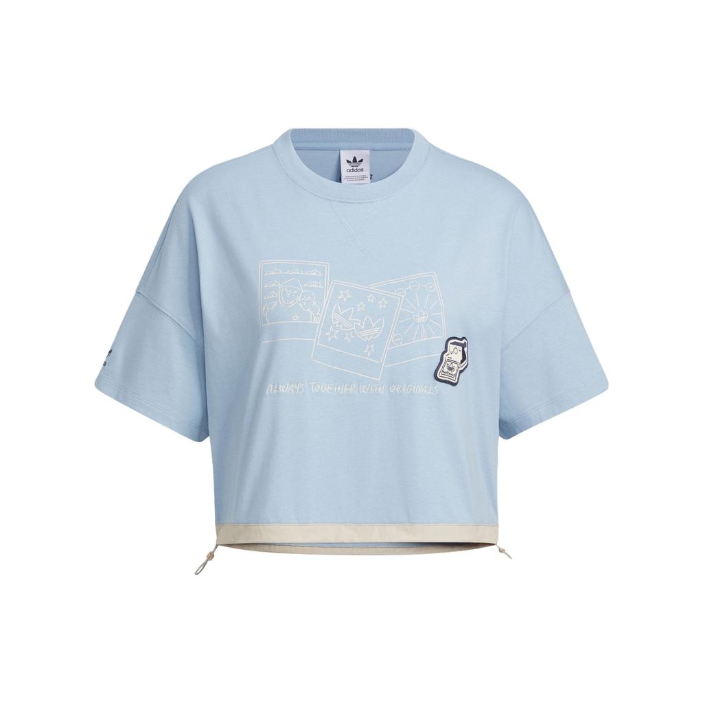 Adidas Originals X Chang Cangxiong Capsule SS23 Collection Hand-Drawn Print Drawstring Cropped Round Neck T-Shirt Women Tops Blue IS0651