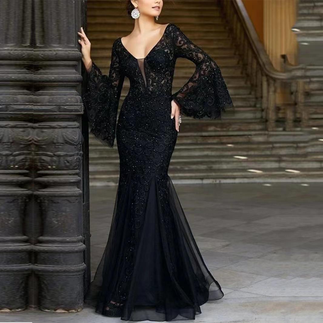 

2025 Black Lace Slimming Fishtail Evening Gown 3XL чёрный