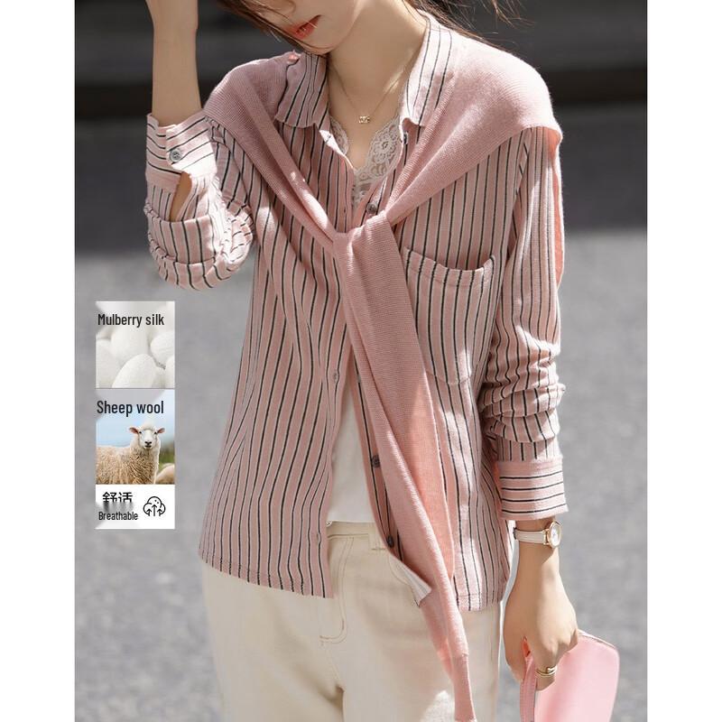 Women s Wool & Silk Blend Striped Shawl Collar Knit Top S