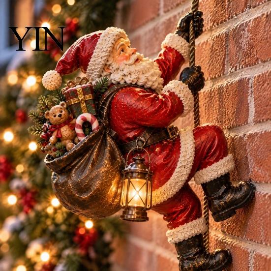 Creative Christmas Gift for Friends Climbing Santa Statue with LED Lantern, Wall Mounted Ornament, Outdoor Holiday Door Decorations Lighted