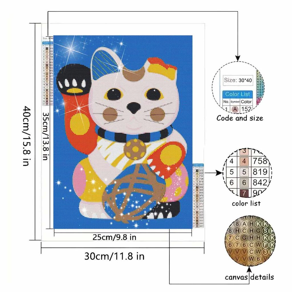 5D FullDrill Round Diamond Painting Kit Lucky Cat for Bedroom Home Decor. Mosaic Craft Wall Art