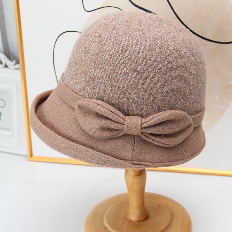 French bow knitted bucket hat women's autumn and winter retro basin hat short-brimmed top hat elegant and versatile small hat