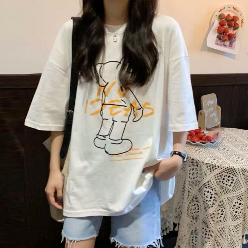 Plus Size Cotton T-Shirt Summer Lazy Style Short Sleeve Women's Top Couple Matching Loose Fit Casual Cartoon Print Tee 90kg Wear