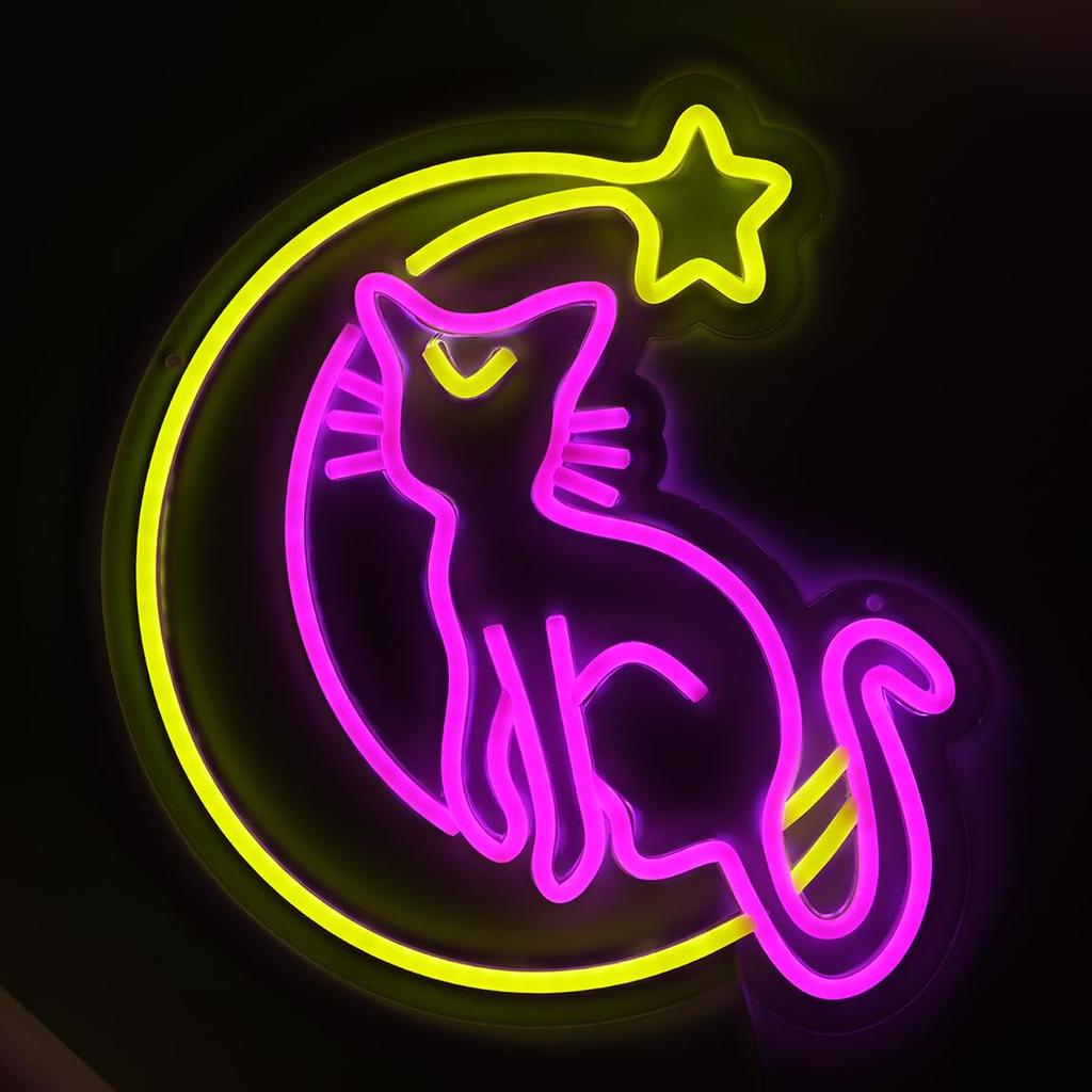 Anime Cat & Moon Neon Sign Personalized Neon Signs for Room Wall Decor LED Night Lights Home Decor Lights Gift for Girls Boys