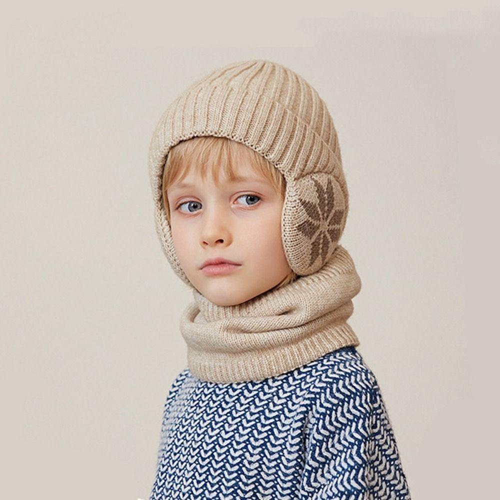 2pcs Coldproof Children Knitted Beanie Earflap Scarf Hat Set Soft Pullover Hat Children
