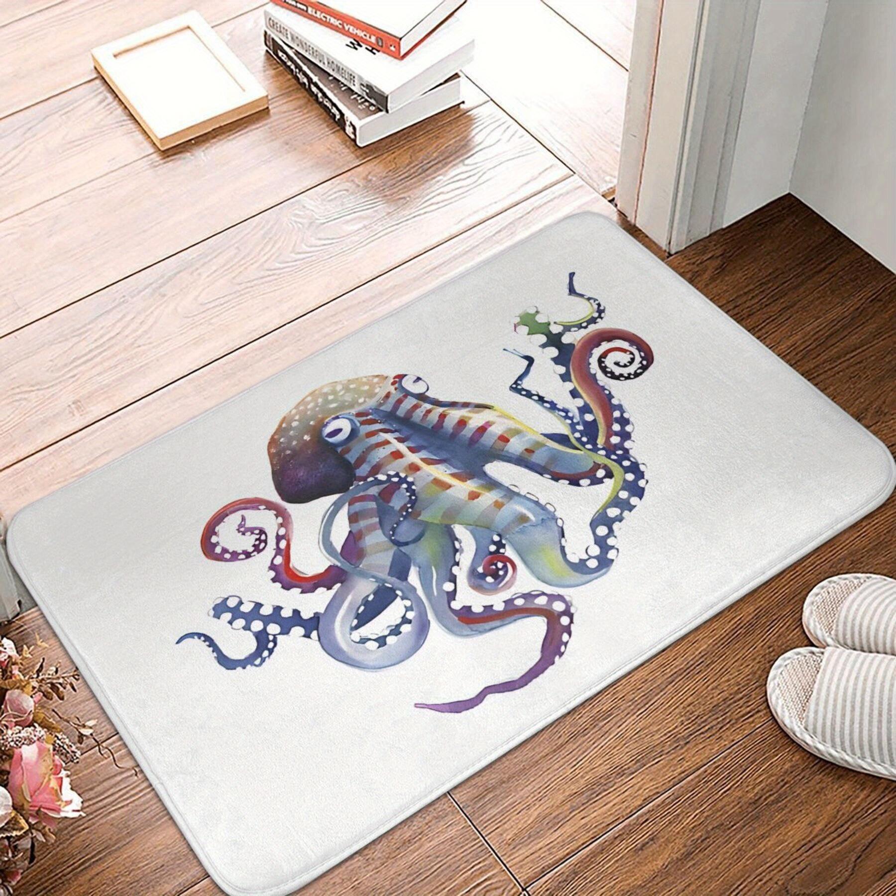 

Large-Ear Octopus Non-Slip Door Mat - Machine Washable Lightweight Polyester Mat with Rubber Backing, Vibrant Blue Purple Orange 40x60cm