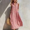 Plaid Sleeveless Vichy Women's Single-breasted Fashion Resort Style Seaside Loose Long Skirt Dresses Ropa Mujer