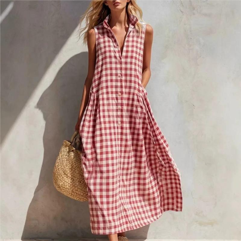 Plaid Sleeveless Vichy Women's Single-breasted Fashion Resort Style Seaside Loose Long Skirt Dresses Ropa Mujer