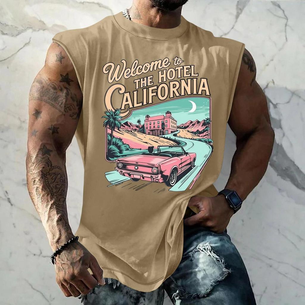 Men Sleeveless Tank Top Loose Fit Breathable Muscle Shirt Vintage Graphic Print Casual Streetwear Summer Sportswear