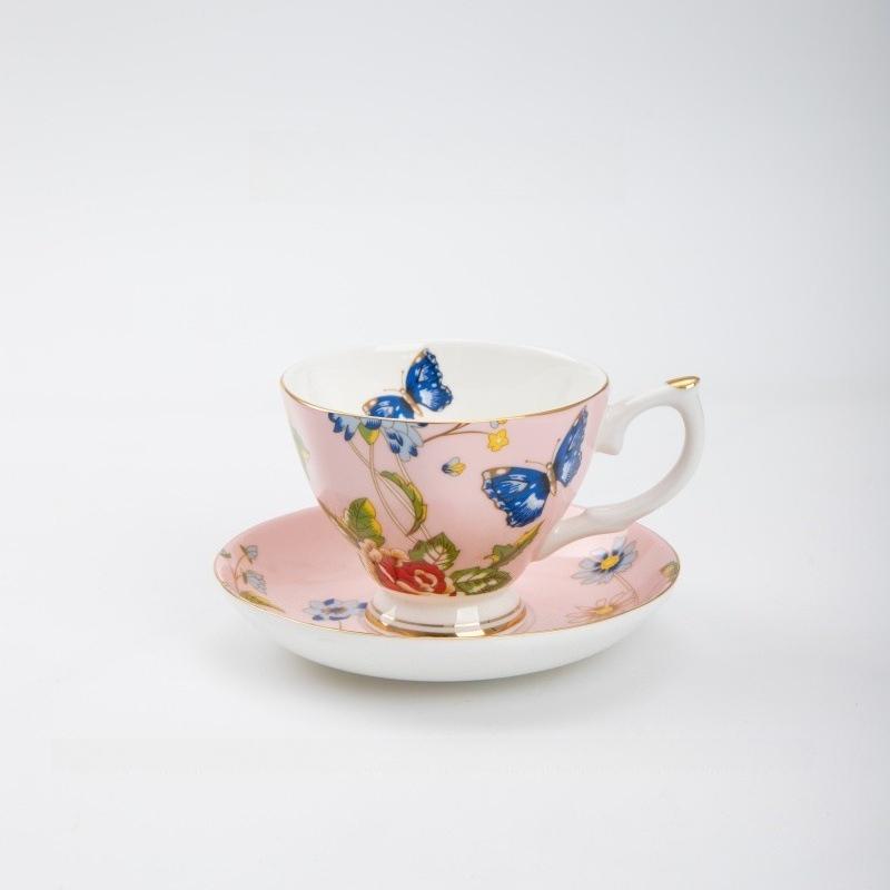 Luxury Gold Rim Bone China Tea Cup and Saucers, Elegant Floral Butterfly Coffee Mug Tableware Set, Bird on Branches Bone China Coffee Cup for Home
