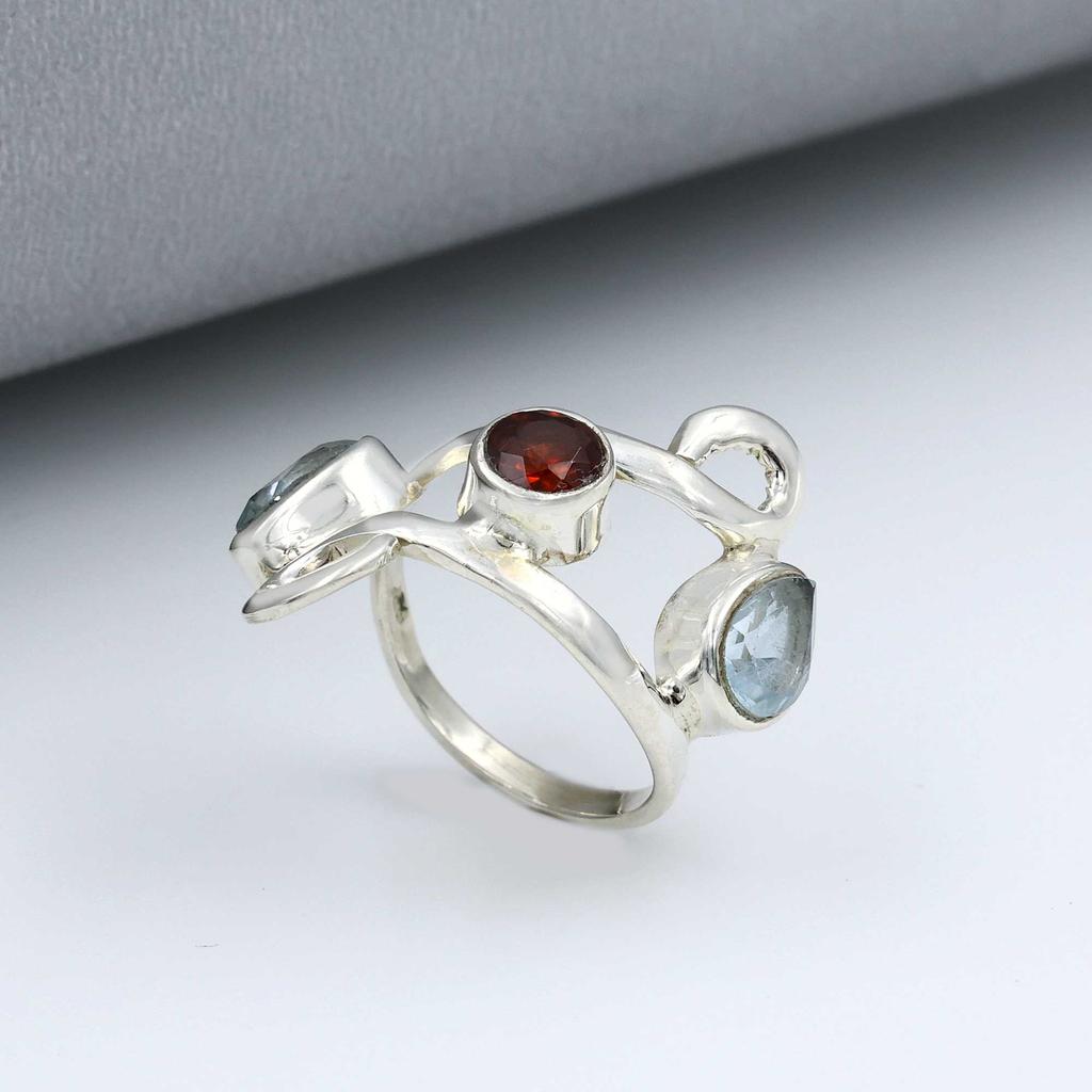 Solid 925 Sterling Silver Garnet Blue Topaz Handmade Ring, Statement Ring, Anniversary Gift, Silver Jewelry, Partywear Ring