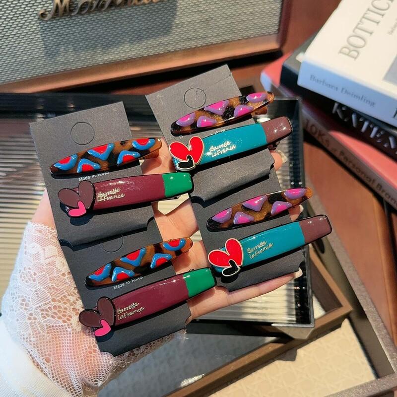 Vintage Plaid Geometric Hair Clip Set Korean Heart Bangs Hairpins Duckbill Clamp Barrettes For Women Hair Accessories Ornament Gifts