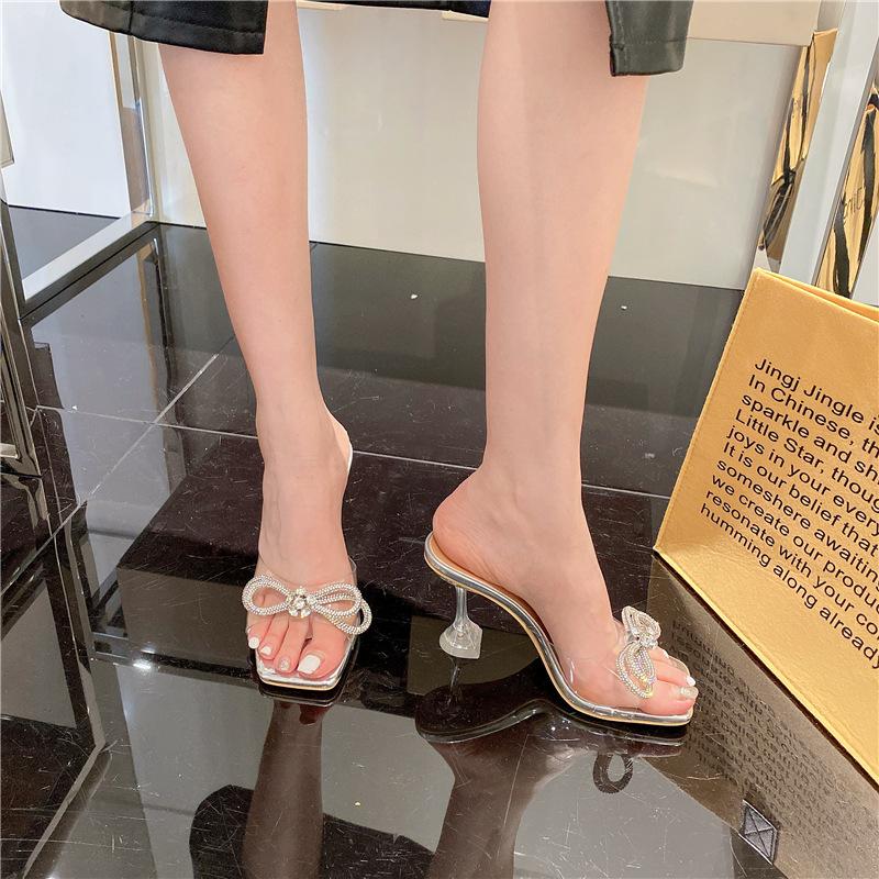 Sommer High Heels neue transparente Ein-Wort-Sandalen Strass Schleife Sommerbekleidung Damen High-Heel Pantoletten