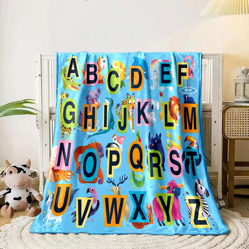 

Alphabet letters paired with colorful animal illustrations on blue background. for all seasons blanket lunch break throw gift 80cm x 120cm