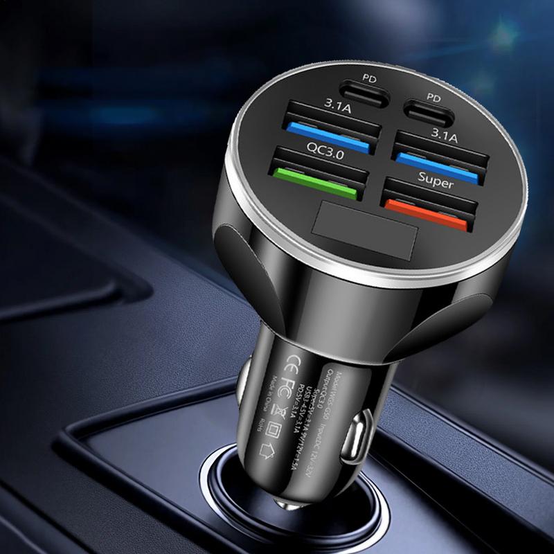 Car Charger Port Digital Display Car Charger with 6 Charging Ports Colorful Lights Charging Supplies Multifunctional Snap Lock