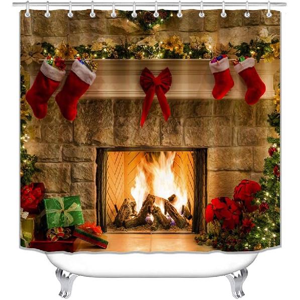 4PCS Christmas Fireplace Shower Curtain Sets, Christmas Tree Stocking Shower Curtain Sets with Rugs, Toilet Lid Cover and Bath Mat for Bathroom Set
