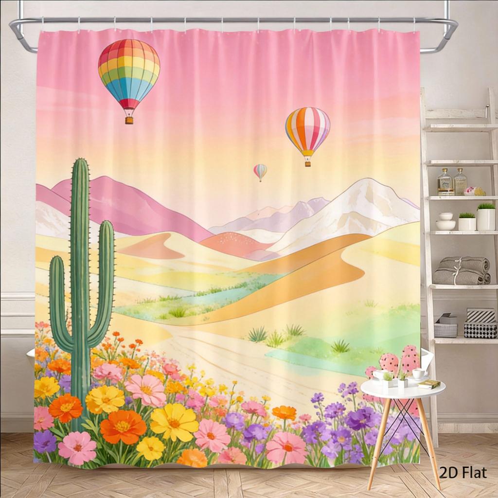 Cactus Shower Curtain 180x180cm – Desert Mountain Scene with Vibrant Flora, Southwestern Bathroom Decor, 12 Hooks