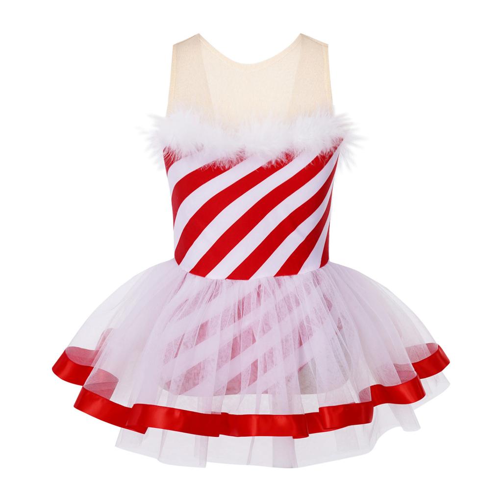 Kids Girls Sleeveless Striped Christmas Party Costume Figure Ice Skating Ballet Dance Leotard Tutu Dress
