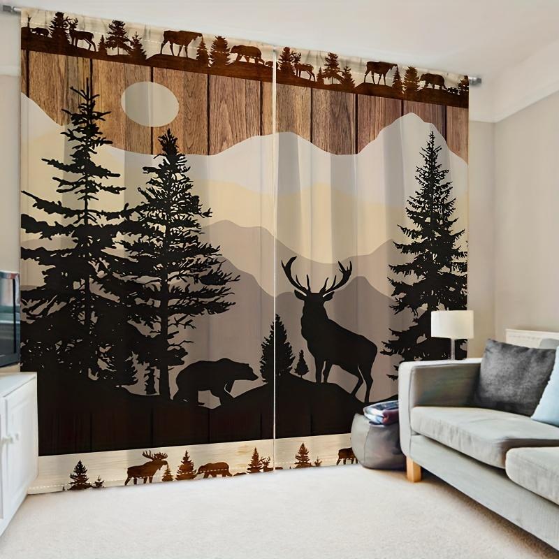 2PCS Retro Deer Forest Curtains with Pole Bag Design   Protecting Privacy   Suitable for Various Decoration Scenes In the Living R