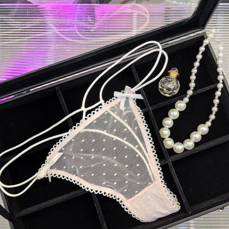 Temptation Thin Dots Transparent Sexy Women's Underwear Sweet Girl Bow Mesh Hollow Out Panties Cotton Crotch Cute Thongs