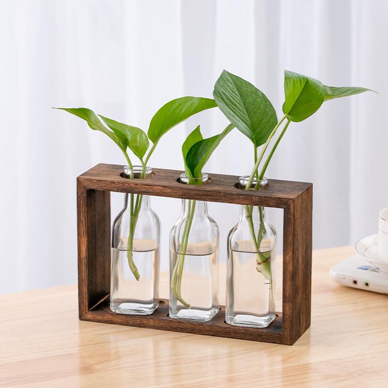 Creative Hydroponic Wooden Frame Vase Tethered Fresh Living Room Minimally Decorative Ornament Desktop Green Rose Vase