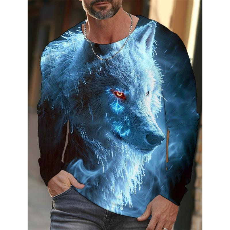 Herren Sommer Langarm 3D-gedrucktes Wolfsmuster T-Shirt Tops Herren Streetwear Kleidung Rundhals Grafik Langarm T-Shirt