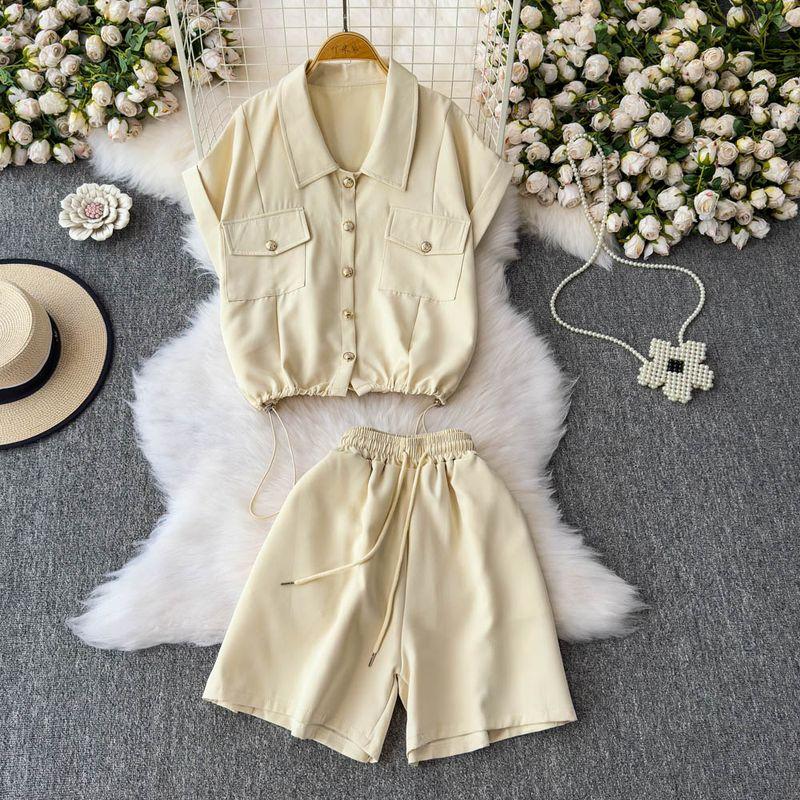 

2025 Summer New Drawstring Waist Hugging Polo Collar Top Elastic High Waist Slimming Wide Leg Shorts Casual Two-piece Set Apricot All yards