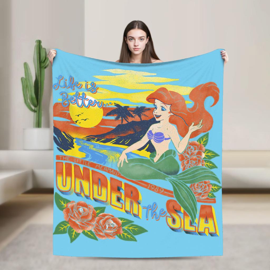 Flounder Sebastian and Ariel Wool Blankets Little Mermaid Vintage Throw Blankets for Home Hotel Sofa 200x150cm Rug Piece