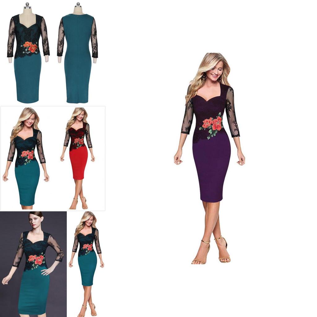 Office Women Sexy V-neck Lace Embroidered Floral Cocktail Evening Party Dress In Premium Quality Fabric