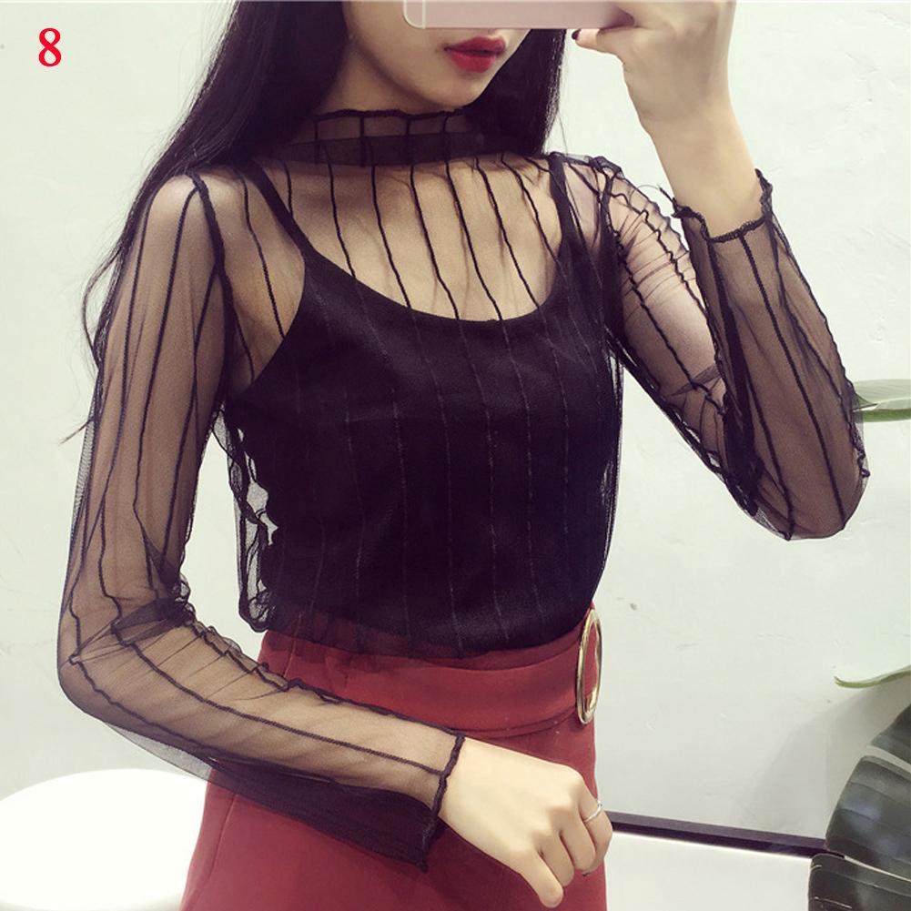 Black Sexy Women's T-shirt Fishnet Sheer Transparent Top Women Long Sleeve Bottoming Shirts Lace Mesh Tees Summer Sunscreen Tops