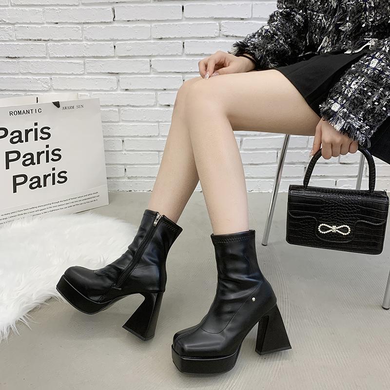 Fashion Square High Heel Women Western Cowgirl Boots Fashion Side Zippers Shoes Autumn Winter Ladies Elegant Platform Short Booties