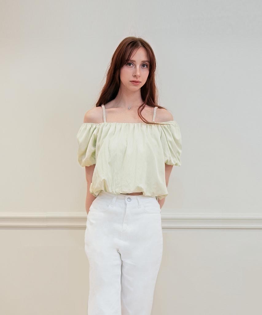 Keulleiseu Puff Sleeve Short Sleeve Crop Blouse_Cream
