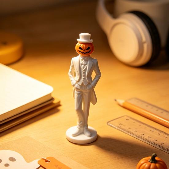 Horror Retro Desktop Decor Pumpkin Gentleman Figurine, Halloween Head Man Statue, Spooky Figurine 3D Printed Ornament for Shelf Mantel Tabletop Statue