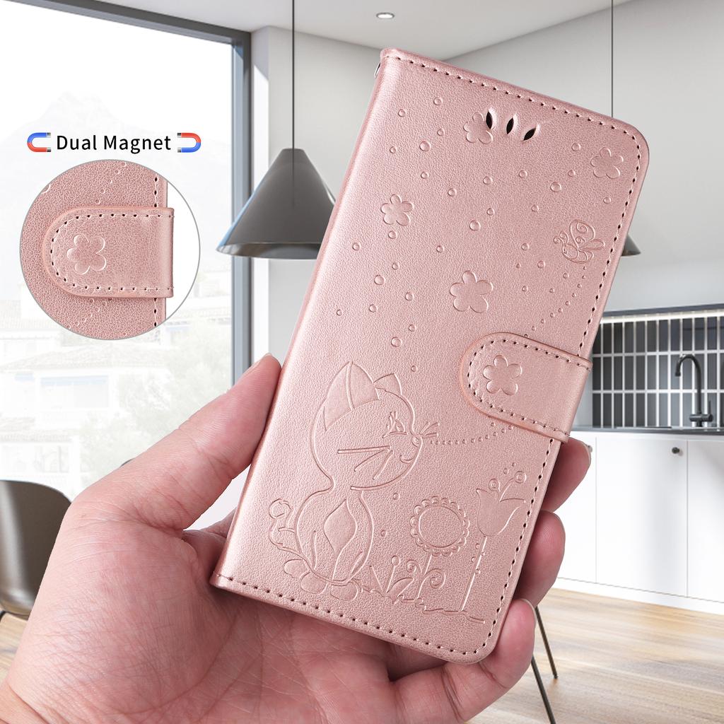 For Oppo Reno14 5G (China)/Oppo Reno14 F 5G/Oppo Reno14 5G (Global) Leather Wallet Case Cat Bee Pattern Phone Cover Stand