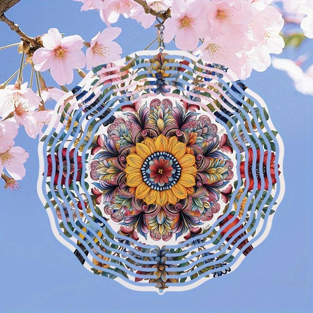 3D Kovová Větrná Zvonkohra Art - Elegantní Větrný Mlýn s Mandala Ptákem a Květinovým Designem, Dynamická Venkovní Zahradní Dekorace