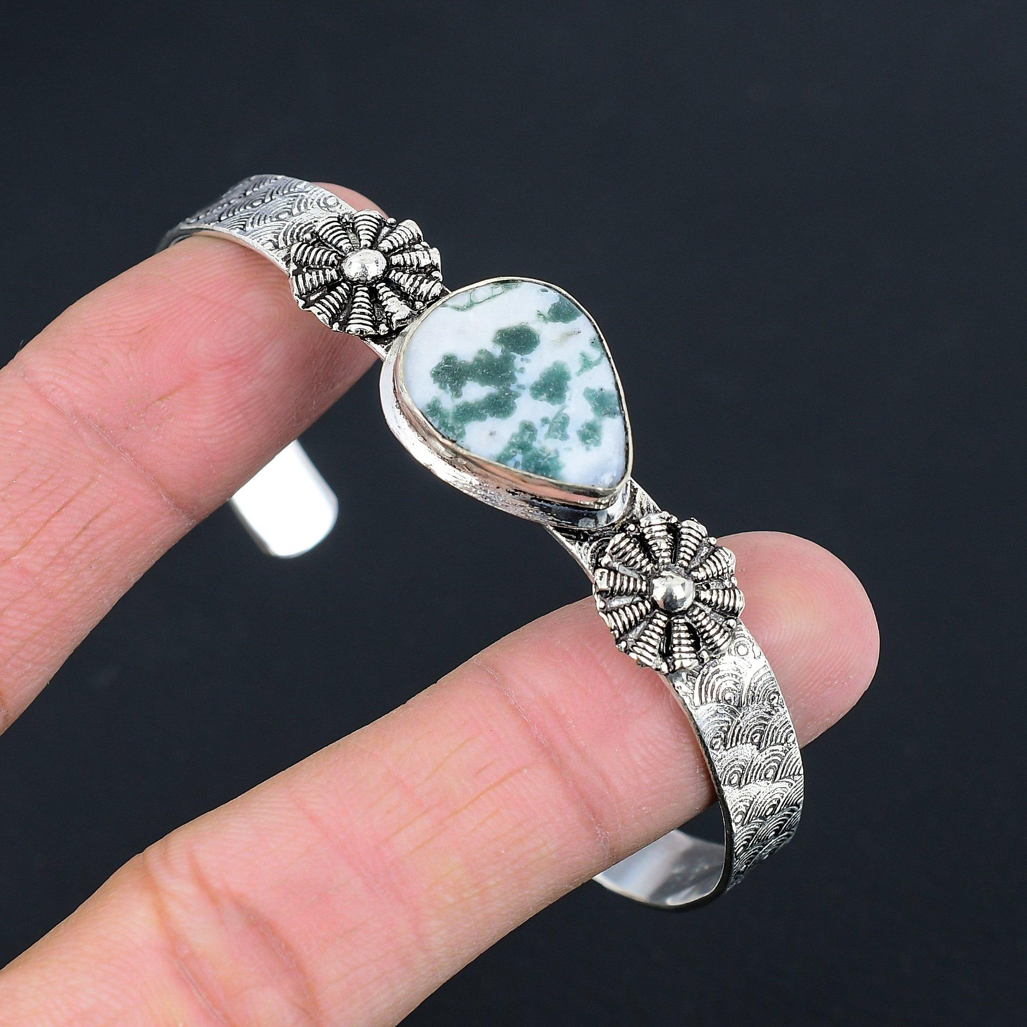 

Распродажа ко Дню сестер Браслет Арт-деко с драгоценным камнем Древесный агат Ювелирные изделия из серебра 925 пробы Adjustable