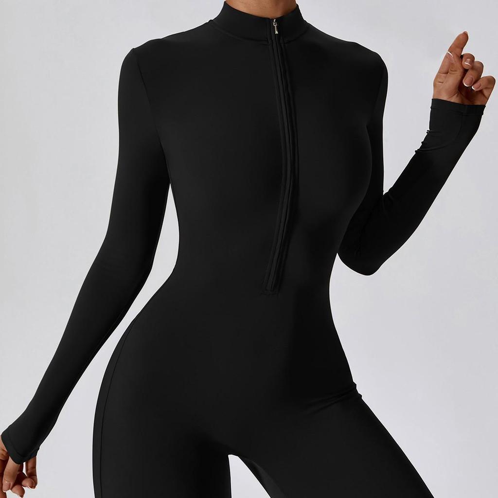 Europäischer & Amerikanischer Langarm-Reißverschluss-Body - Hüfthebende Fitness- & Yogahose für Damen in Schwarz