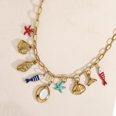 Boho Enamel Colorful Starfish Fish Conch Shell Charm Necklace Stainless Steel Chain Necklaces For Women Beach Ocean Jewelry
