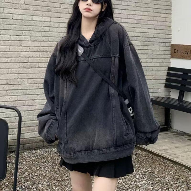 Vintage Women's Denim Sweatshirt Jacket Loose Fit Hooded Pullover Sweatshirt Trendy Spring Autumn