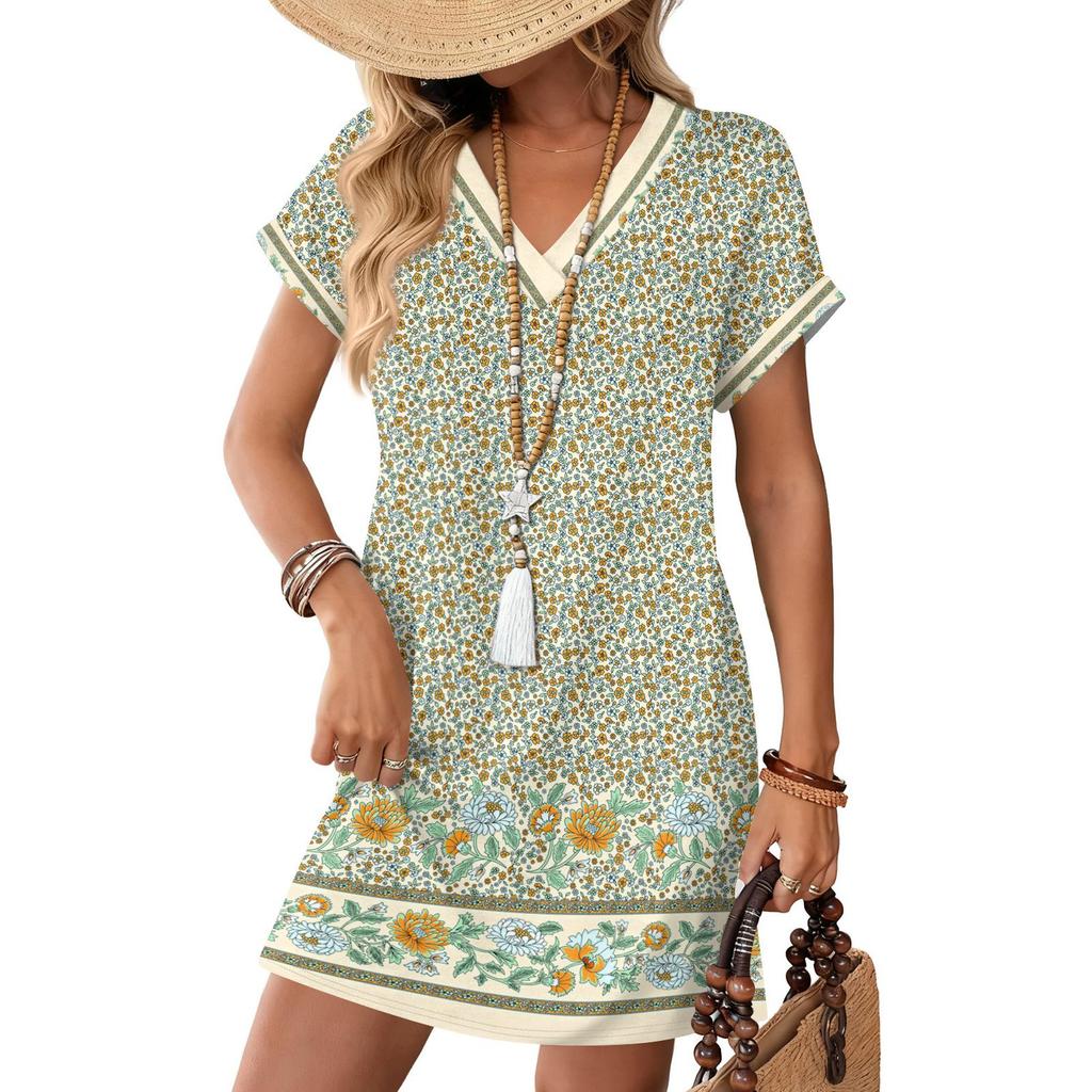 Women's Fashionable Floral Print V-neck Short Sleeved Pocket Casual Pullover Dress