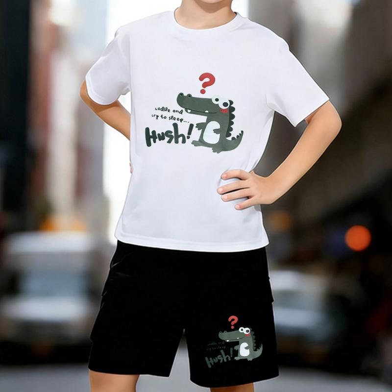 

Boys 2 Piece Cartoon crocodile printed outfit, Short Sleeve T-Shirt and Shorts Set for Kids Age 5-14,White, Black Sporty Casual Summer Clothes 13-14 Years