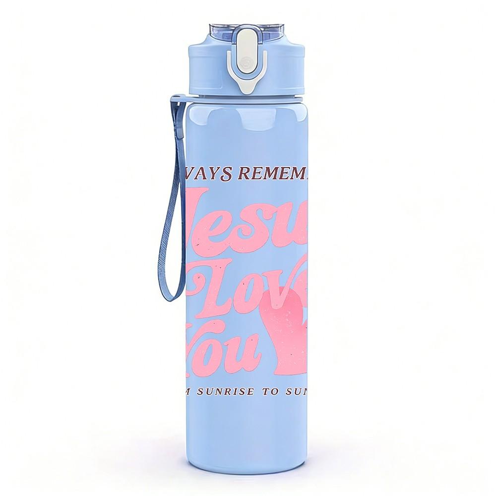 1PC Jesus Loves You Pink Text Art Print 750ml Color Plastic Sports Water Bottle Leakproof Flip Straw Lid Suitable for Sports Office Home Use