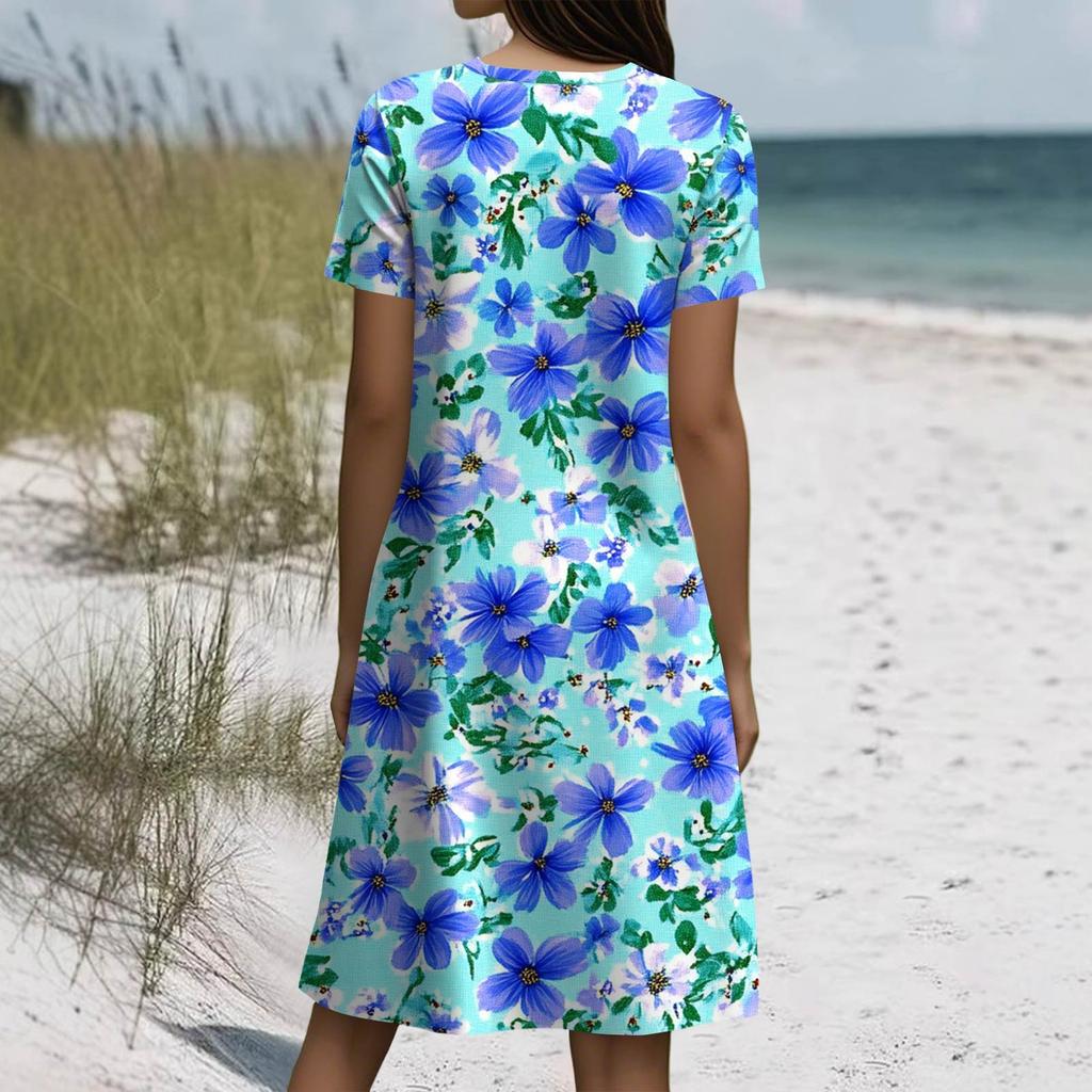Women's Summer Short Sleeve Round Neck Floral Print Bohemian Dress With Pockets