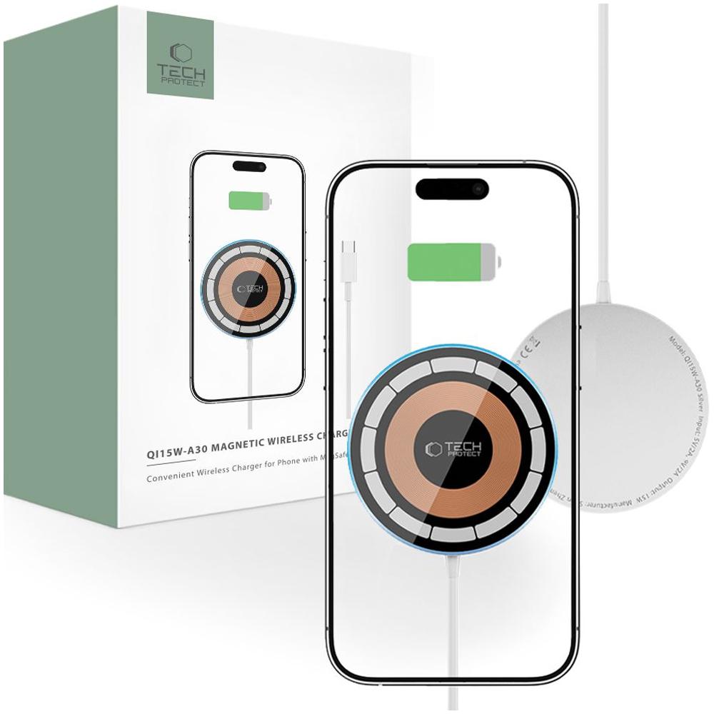 Tech-Protect Qi15W-A30 Magnetic Magsafe Wireless Charger Silver
