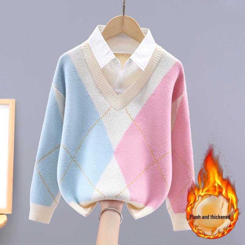 Girls' Knitted Two-Piece Sweater - Spring/Autumn Spliced Style for Children