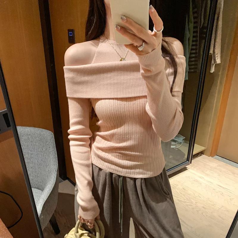 Unique Design Fake Two Piece Off Shoulder Long Sleeve Knitwear Womens Spring Autumn New Arrival Stand Alone Top