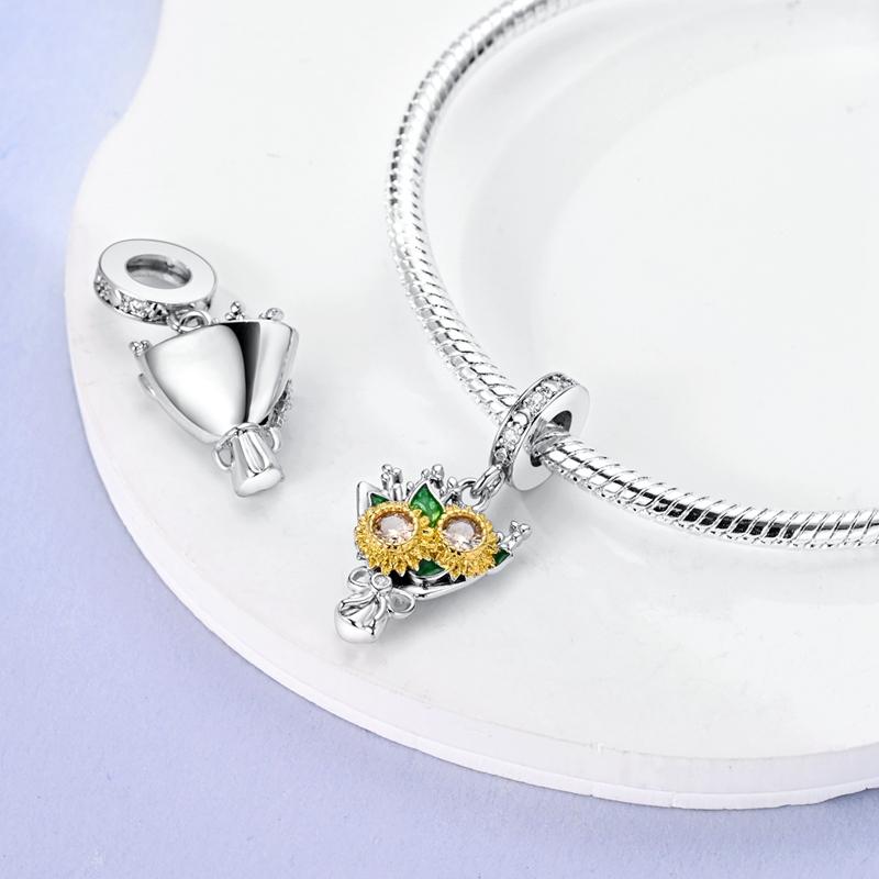 Copper Golden Sunflower Pendant Heart Shape Charm Bead Fits Genuine Bracelets Beautiful Jewellery Gift Crafting